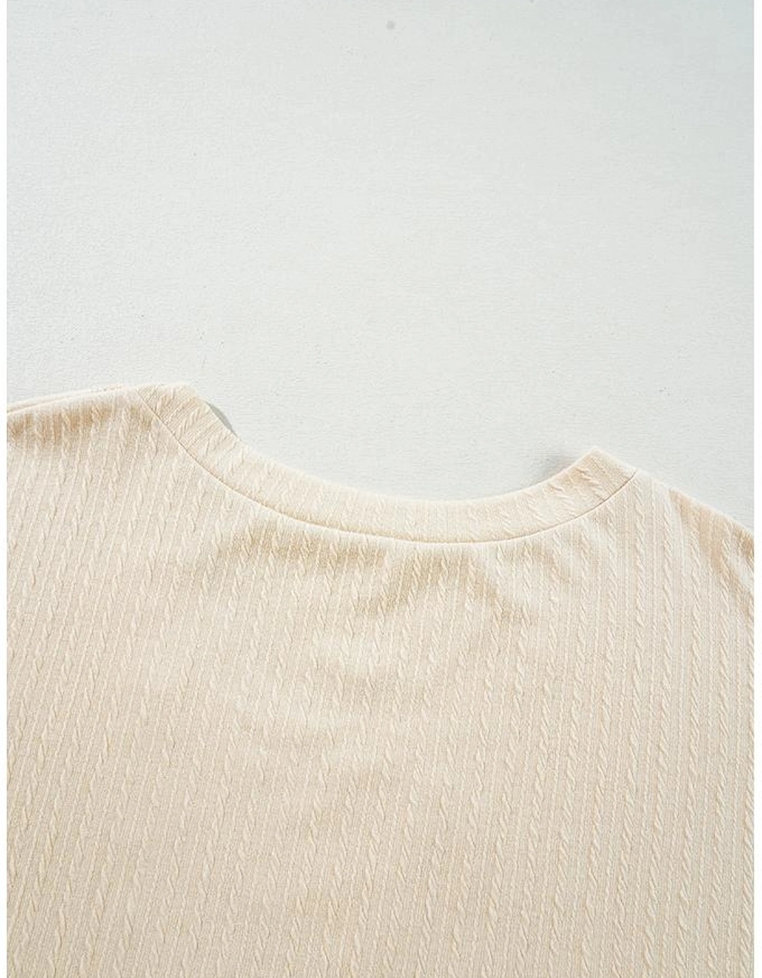 Beige Lace Crochet Patched Cable Textured Cuffed Short Sleeve Plus Size Top