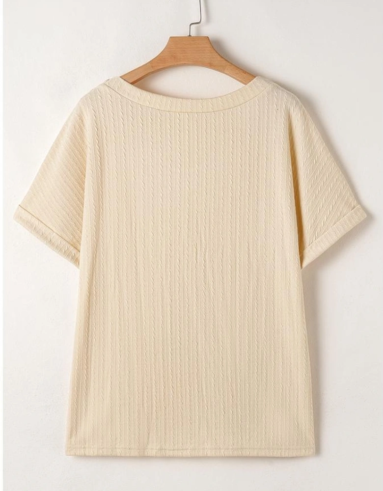 Beige Lace Crochet Patched Cable Textured Cuffed Short Sleeve Plus Size Top