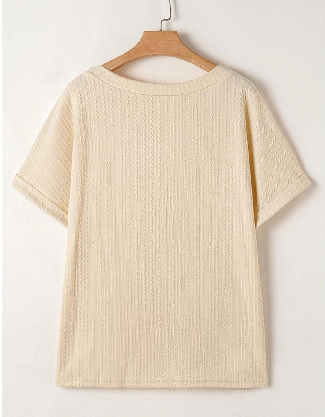 Beige Lace Crochet Patched Cable Textured Cuffed Short Sleeve Plus Size Top