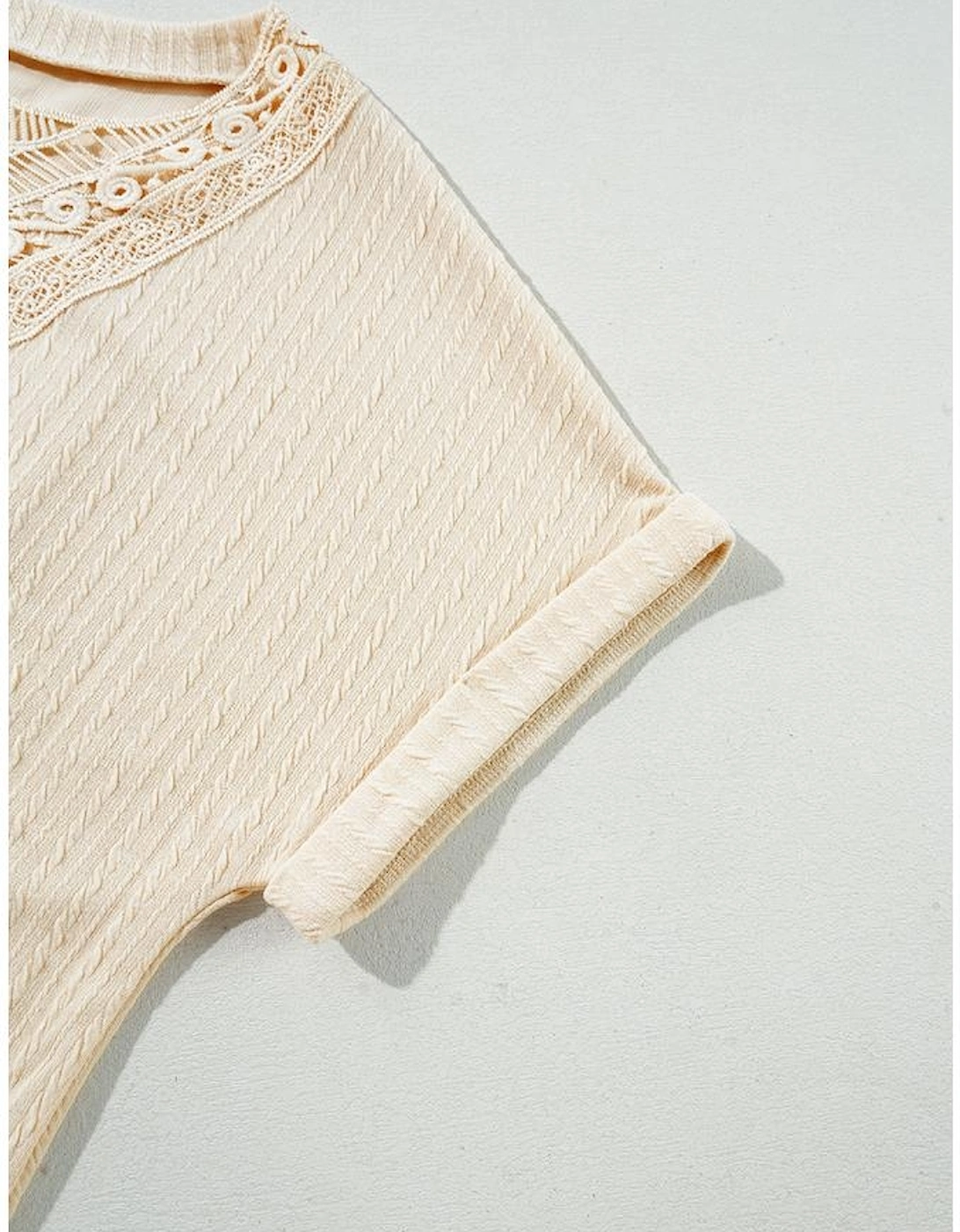 Beige Lace Crochet Patched Cable Textured Cuffed Short Sleeve Plus Size Top