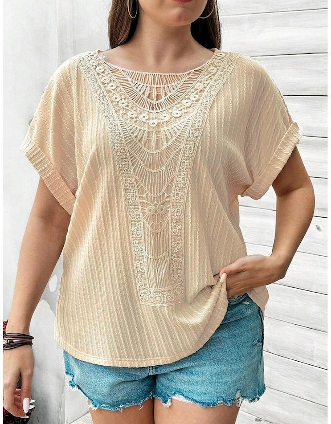 Beige Lace Crochet Patched Cable Textured Cuffed Short Sleeve Plus Size Top, 13 of 12