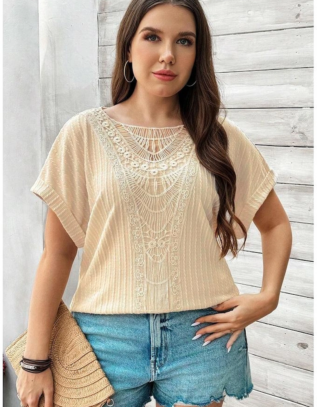Beige Lace Crochet Patched Cable Textured Cuffed Short Sleeve Plus Size Top