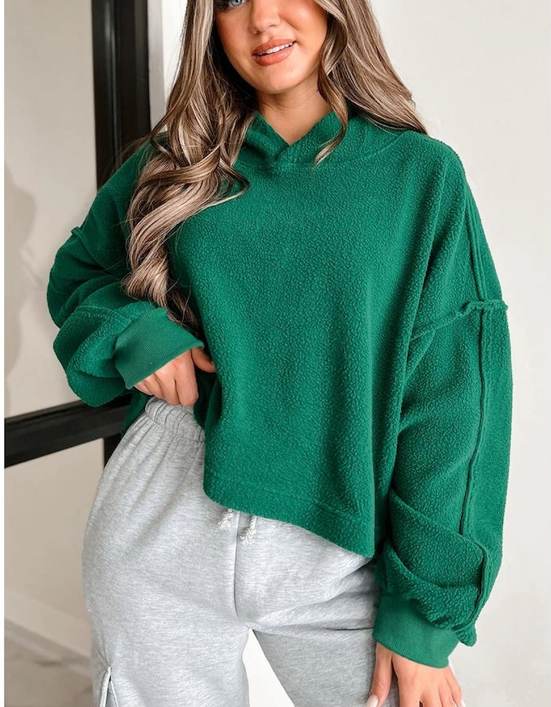 Dark Green Sherpa Fleece Drop Shoulder Hoodie