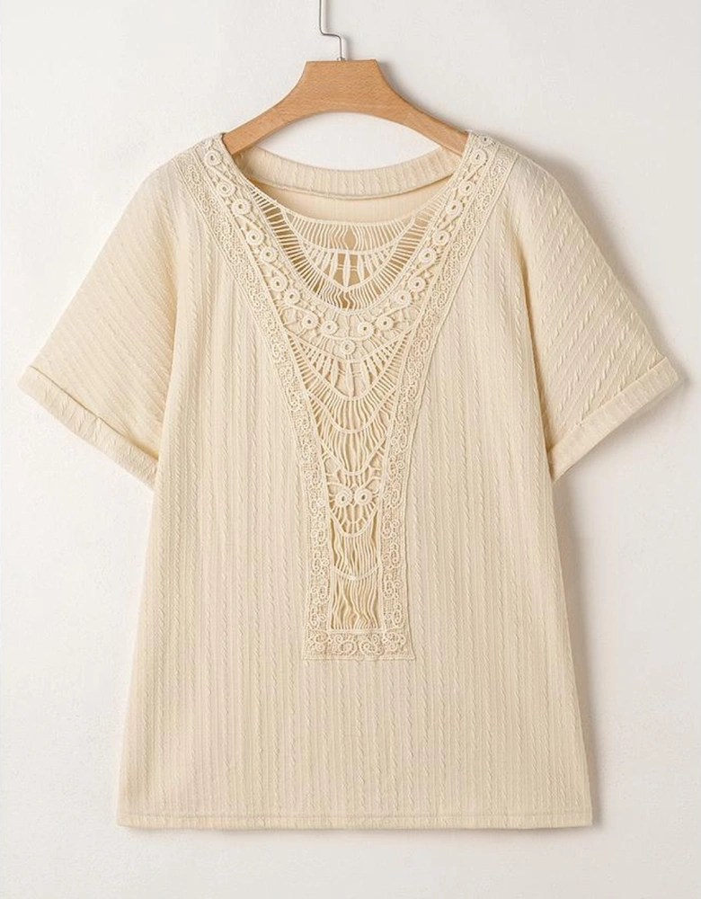 Beige Lace Crochet Patched Cable Textured Cuffed Short Sleeve Plus Size Top