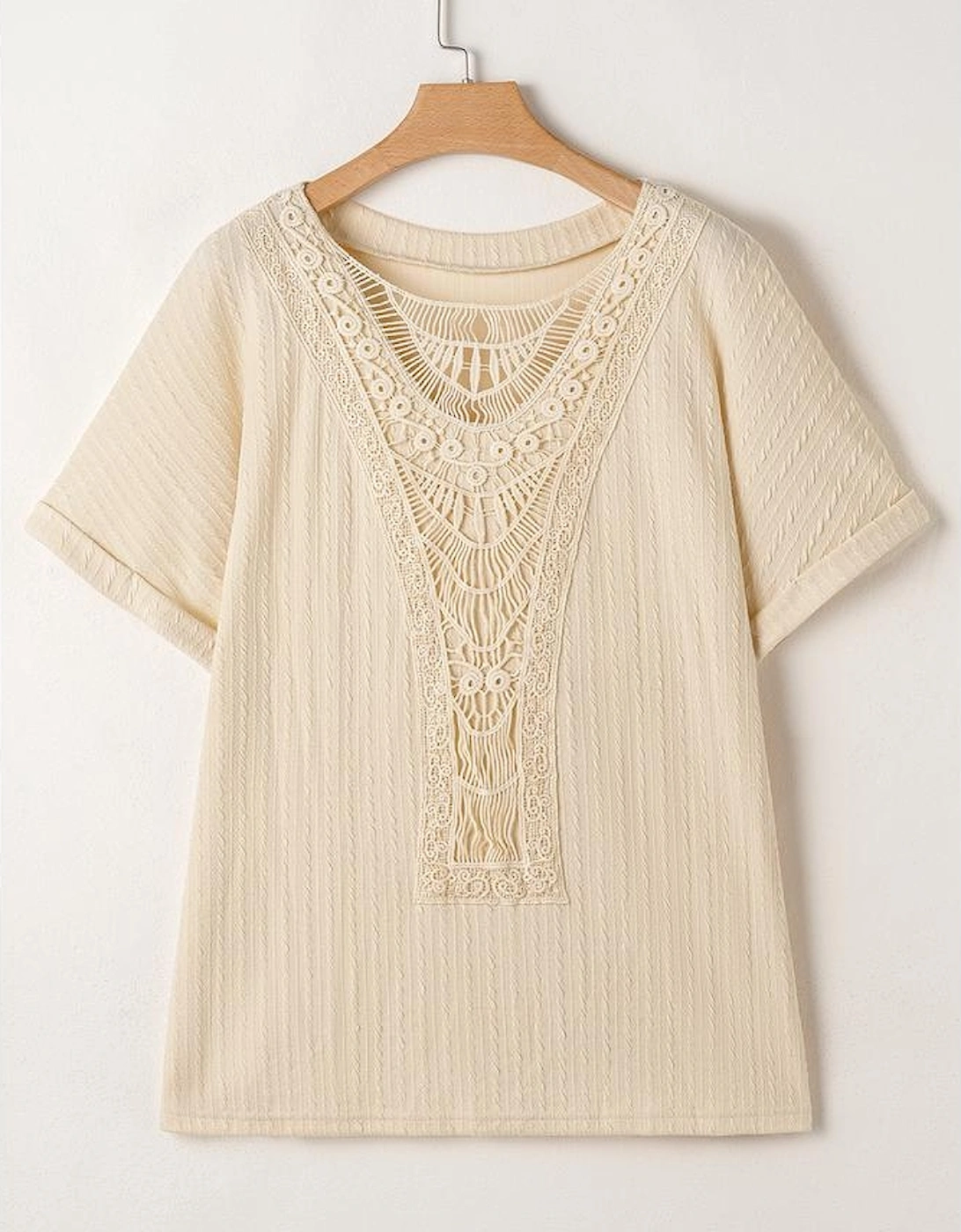 Beige Lace Crochet Patched Cable Textured Cuffed Short Sleeve Plus Size Top