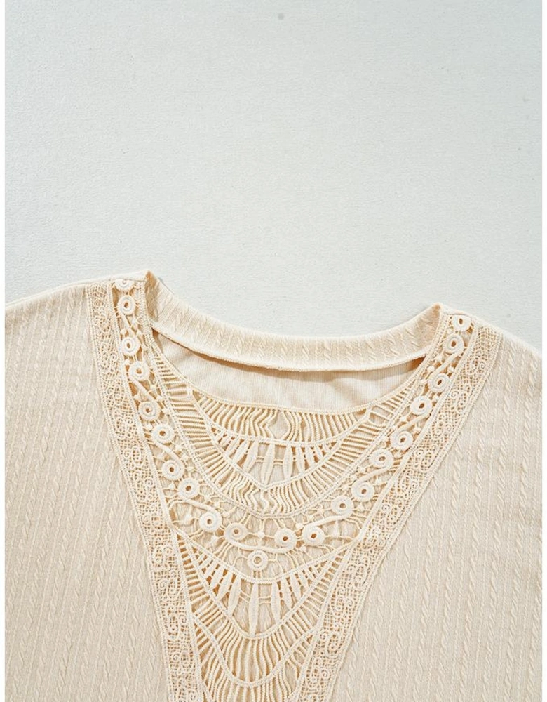 Beige Lace Crochet Patched Cable Textured Cuffed Short Sleeve Plus Size Top
