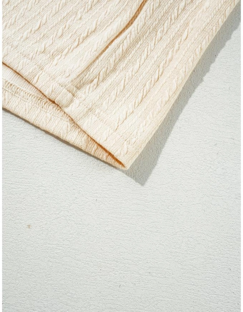 Beige Lace Crochet Patched Cable Textured Cuffed Short Sleeve Plus Size Top