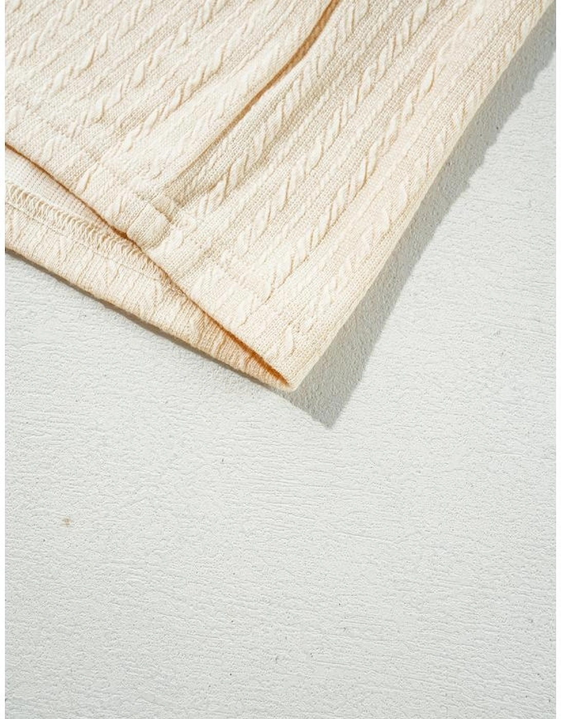 Beige Lace Crochet Patched Cable Textured Cuffed Short Sleeve Plus Size Top