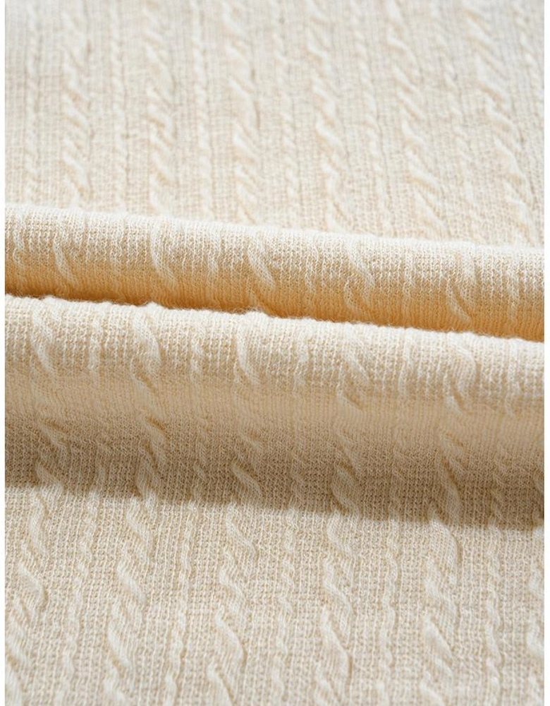 Beige Lace Crochet Patched Cable Textured Cuffed Short Sleeve Plus Size Top