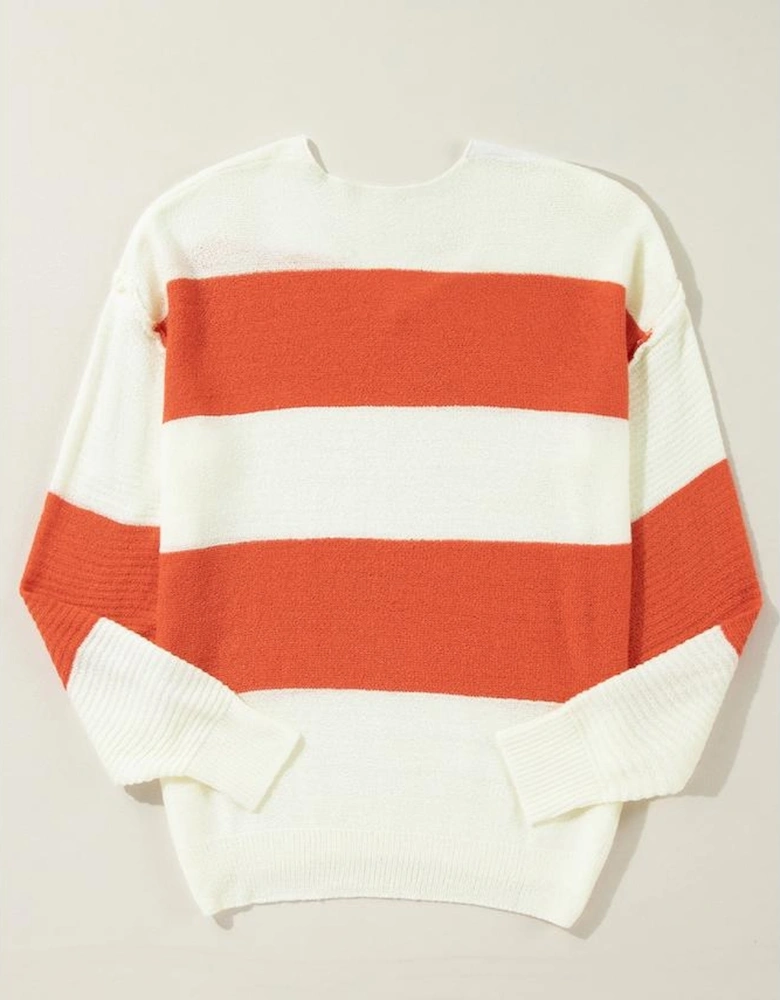Orange Stripe Loose Color Block Drop Shoulder Bubble Sleeve Sweater