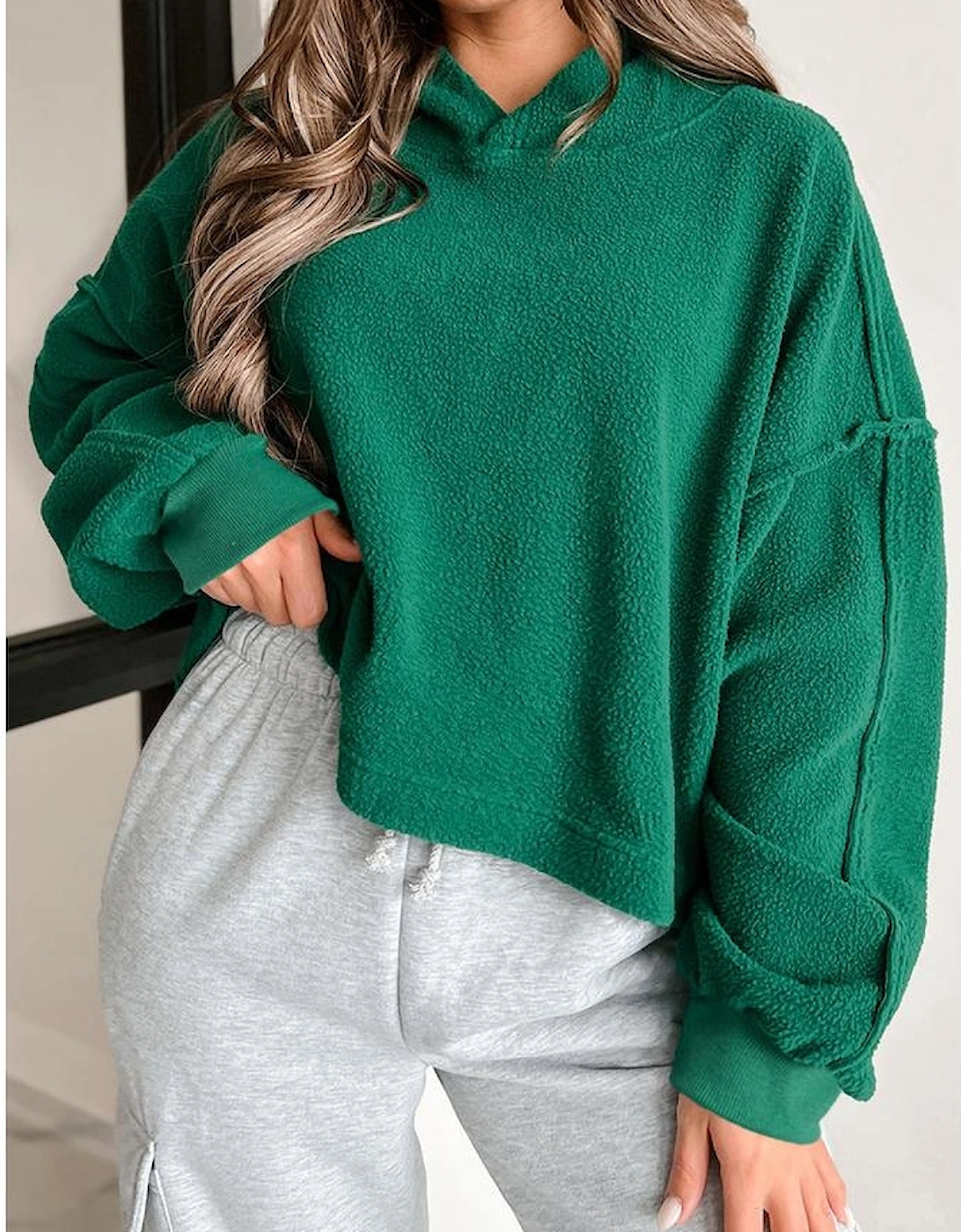 Dark Green Sherpa Fleece Drop Shoulder Hoodie