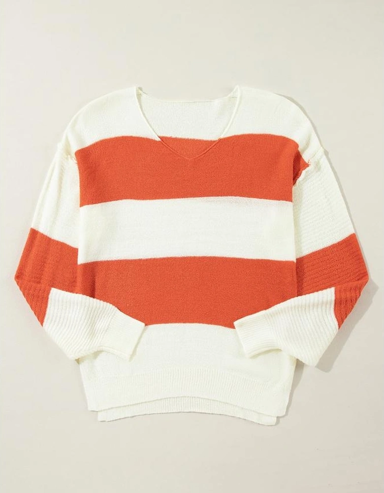 Orange Stripe Loose Color Block Drop Shoulder Bubble Sleeve Sweater