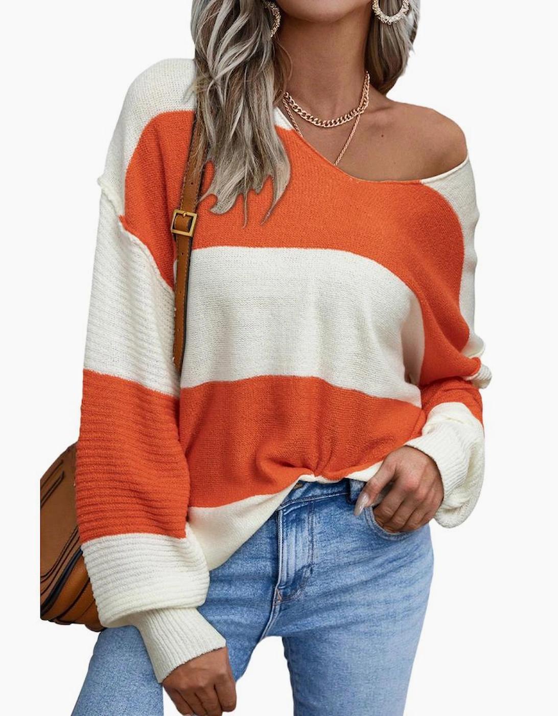 Orange Stripe Loose Color Block Drop Shoulder Bubble Sleeve Sweater