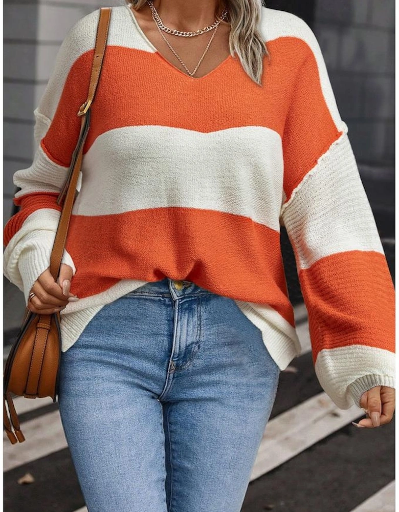 Orange Stripe Loose Color Block Drop Shoulder Bubble Sleeve Sweater