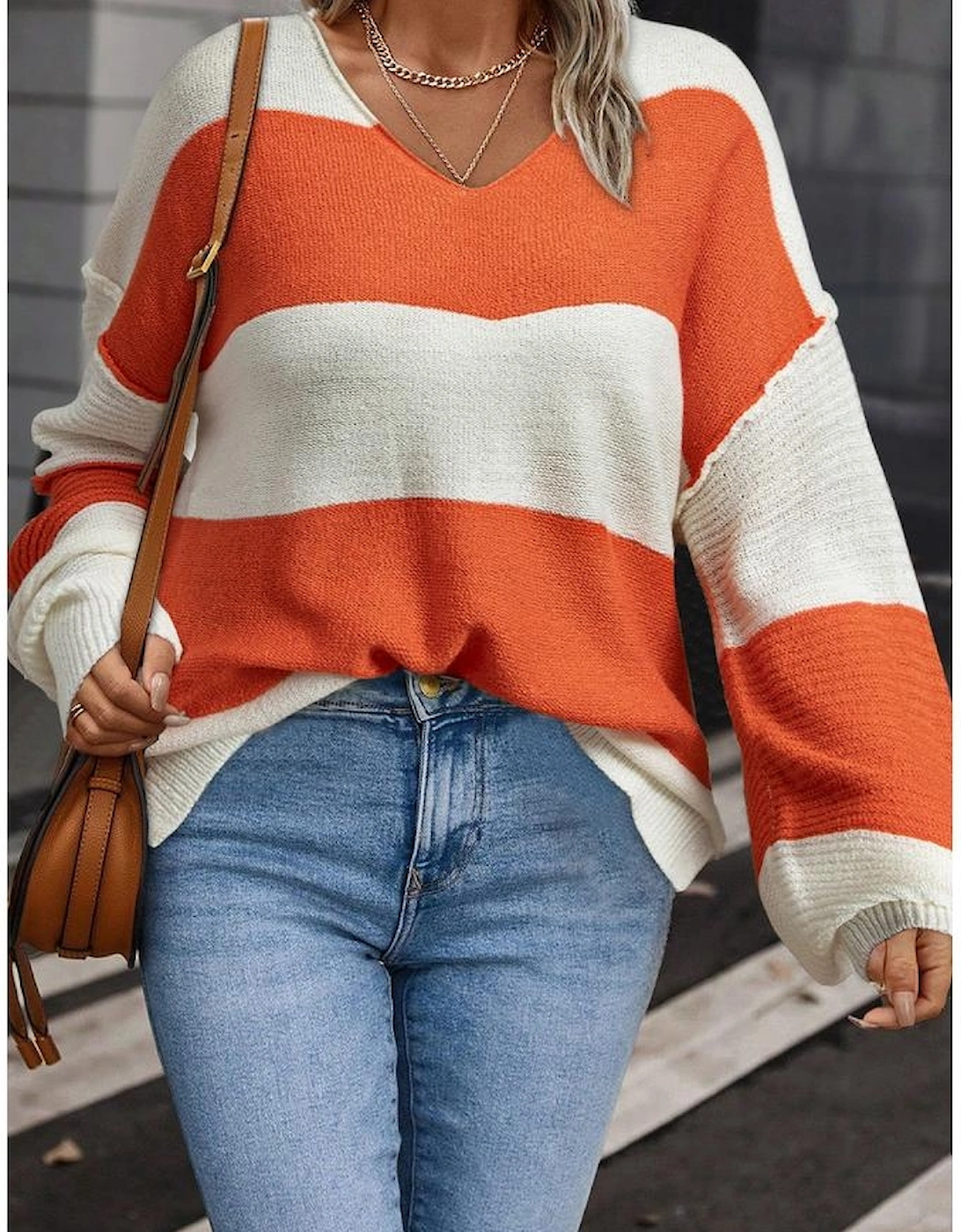 Orange Stripe Loose Color Block Drop Shoulder Bubble Sleeve Sweater