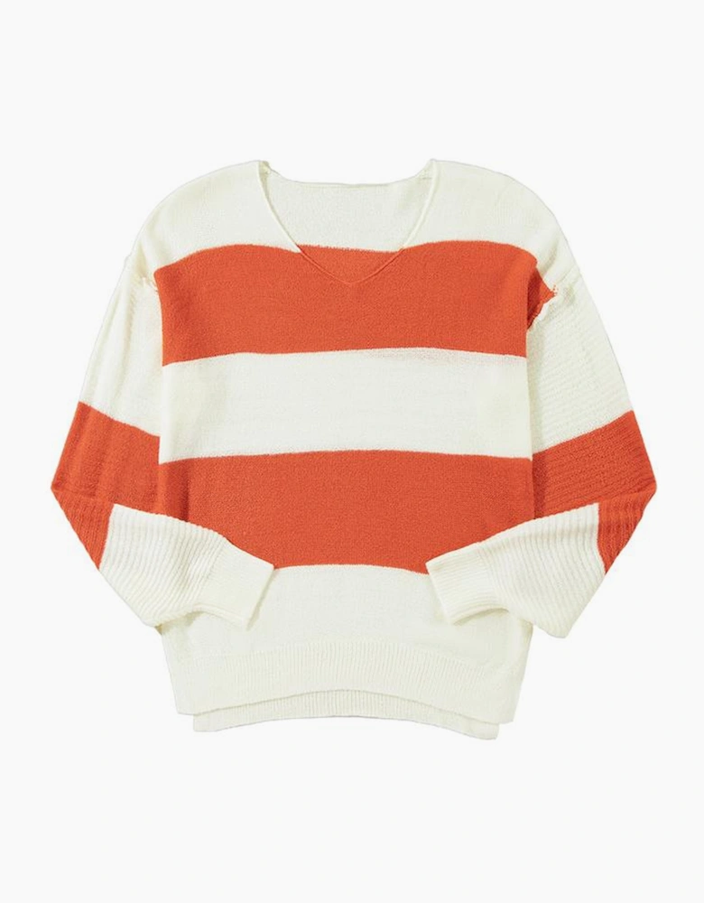 Orange Stripe Loose Color Block Drop Shoulder Bubble Sleeve Sweater