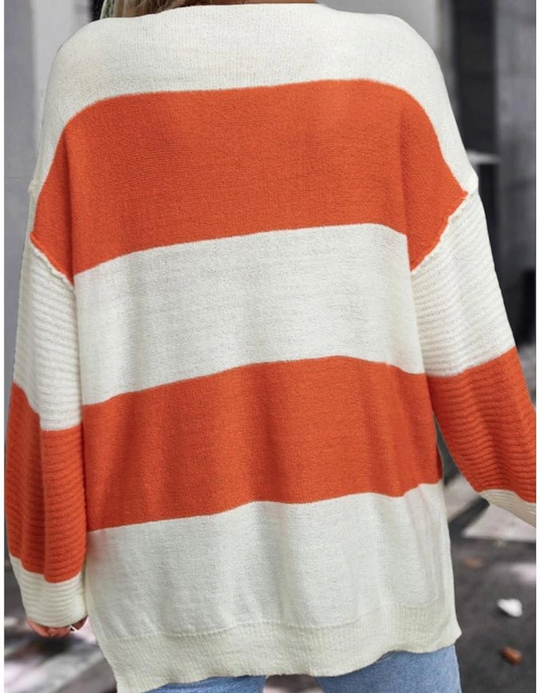 Orange Stripe Loose Color Block Drop Shoulder Bubble Sleeve Sweater