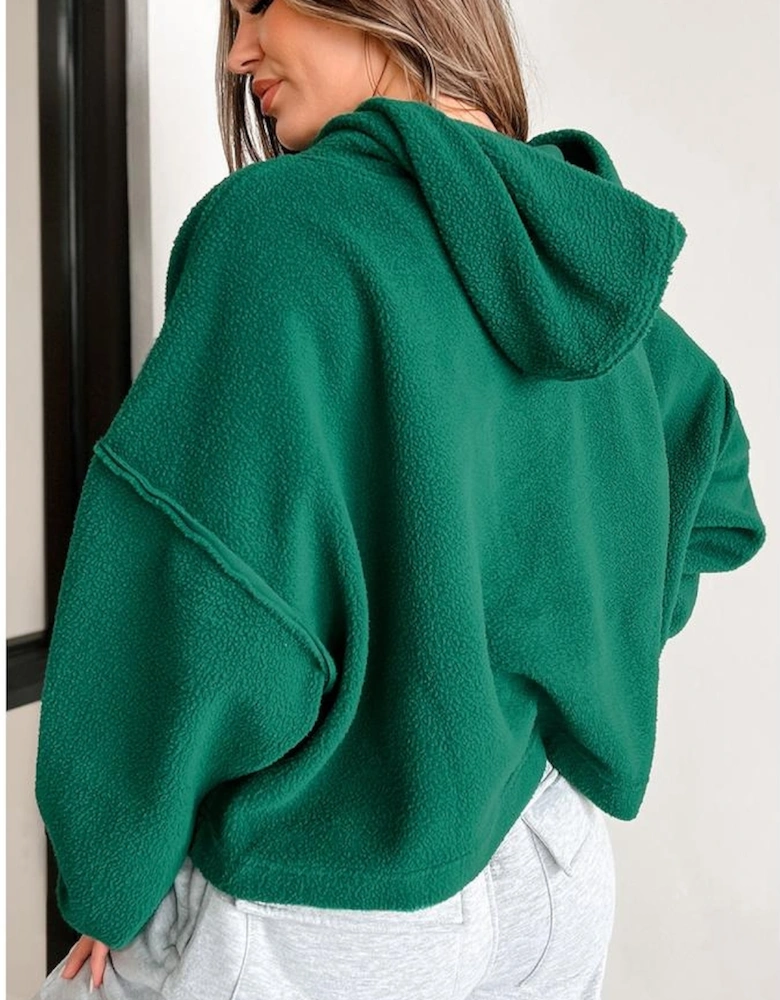 Dark Green Sherpa Fleece Drop Shoulder Hoodie