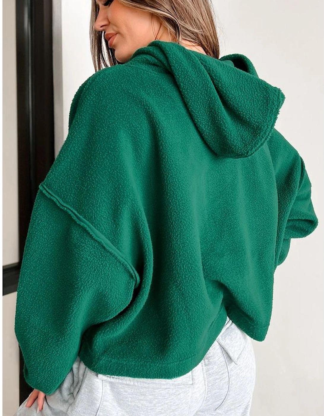 Dark Green Sherpa Fleece Drop Shoulder Hoodie