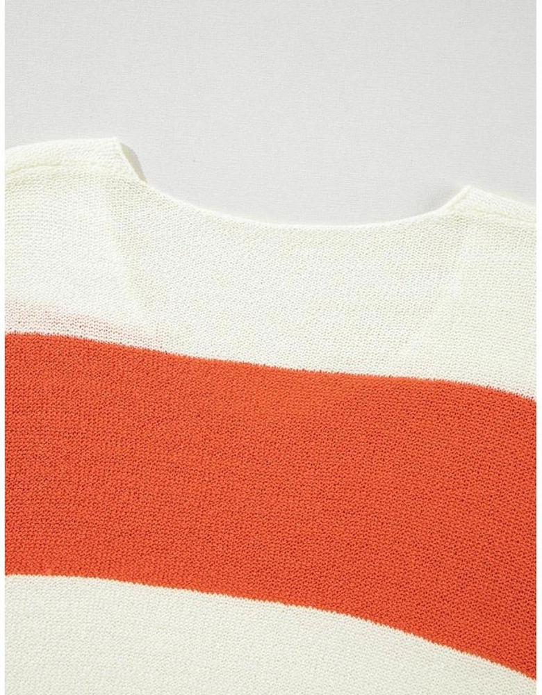 Orange Stripe Loose Color Block Drop Shoulder Bubble Sleeve Sweater