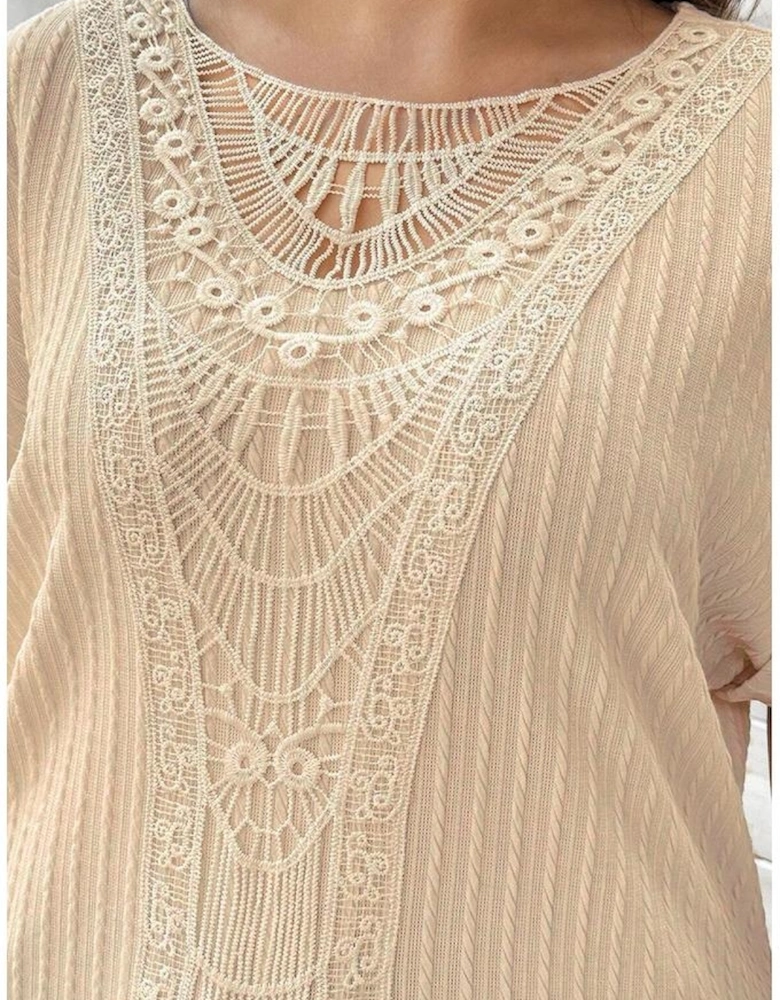 Beige Lace Crochet Patched Cable Textured Cuffed Short Sleeve Plus Size Top