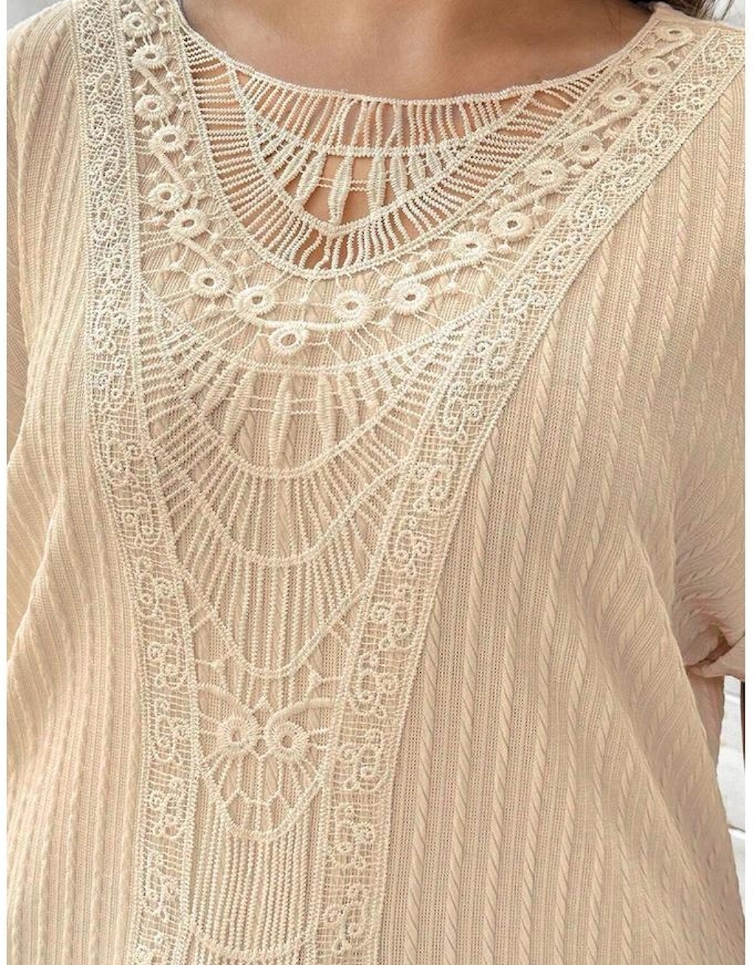 Beige Lace Crochet Patched Cable Textured Cuffed Short Sleeve Plus Size Top