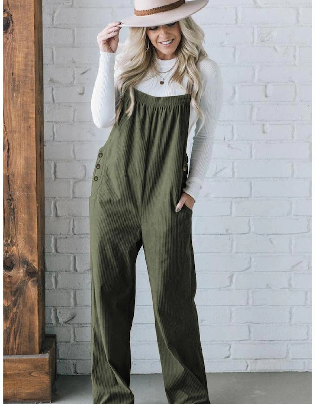 Jungle Green Solid Pocketed Loose Fit Corduroy Overall