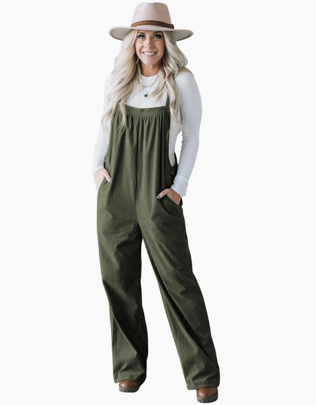 Jungle Green Solid Pocketed Loose Fit Corduroy Overall