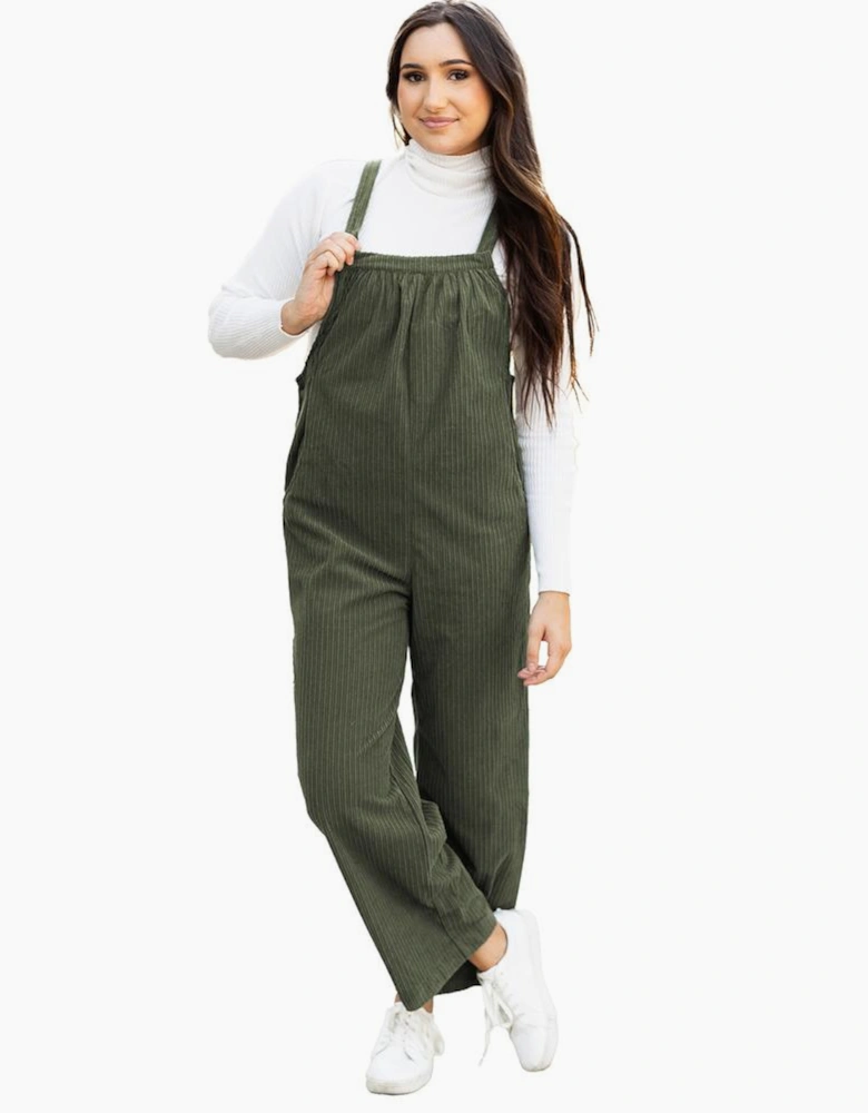 Jungle Green Solid Pocketed Loose Fit Corduroy Overall