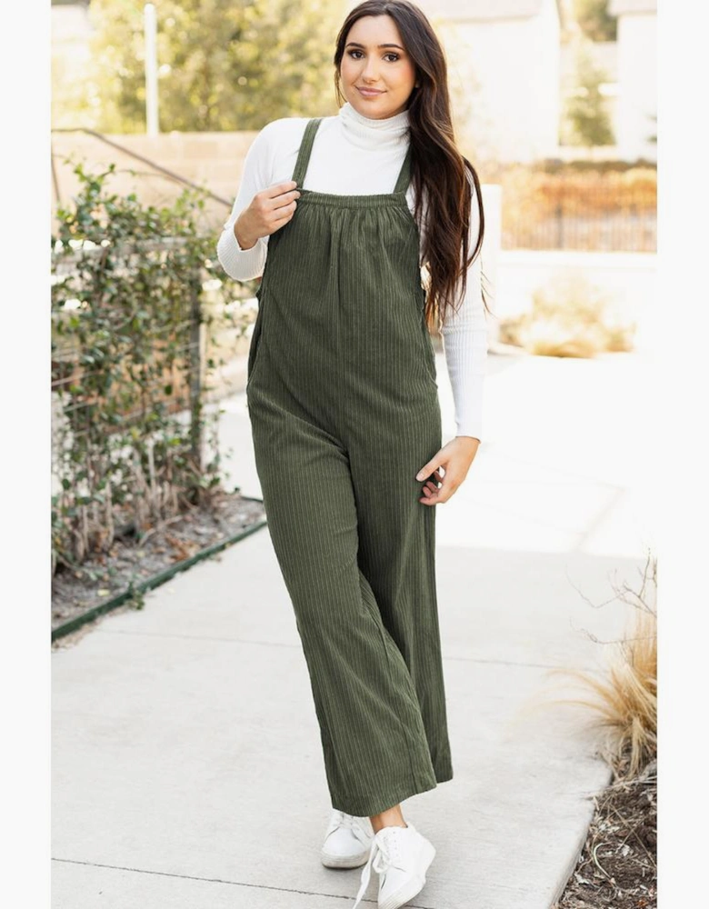 Jungle Green Solid Pocketed Loose Fit Corduroy Overall