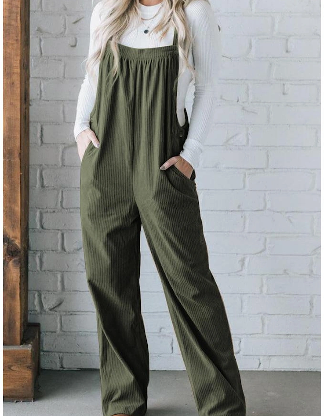 Jungle Green Solid Pocketed Loose Fit Corduroy Overall