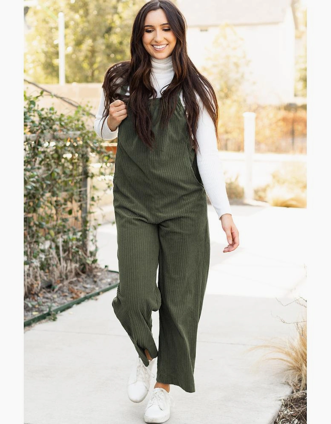 Jungle Green Solid Pocketed Loose Fit Corduroy Overall
