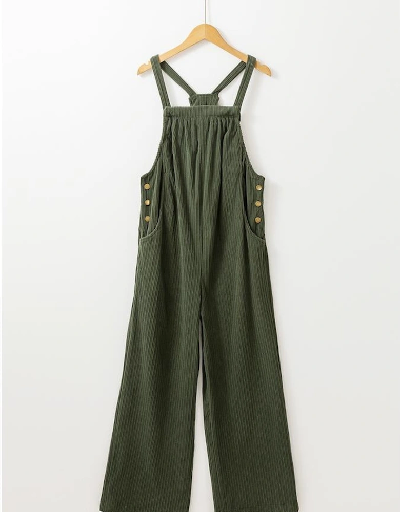 Jungle Green Solid Pocketed Loose Fit Corduroy Overall