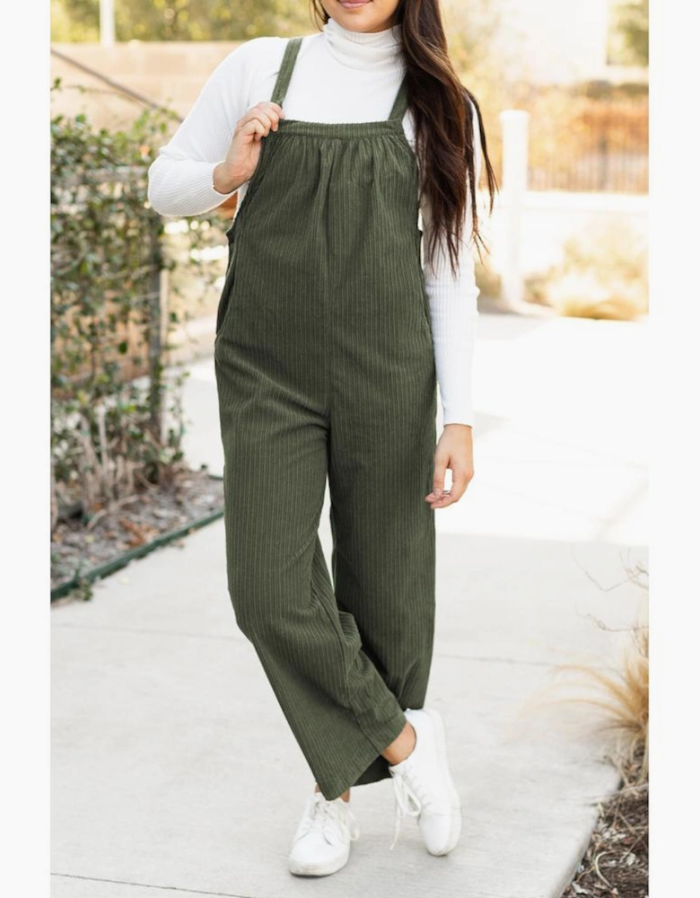 Jungle Green Solid Pocketed Loose Fit Corduroy Overall