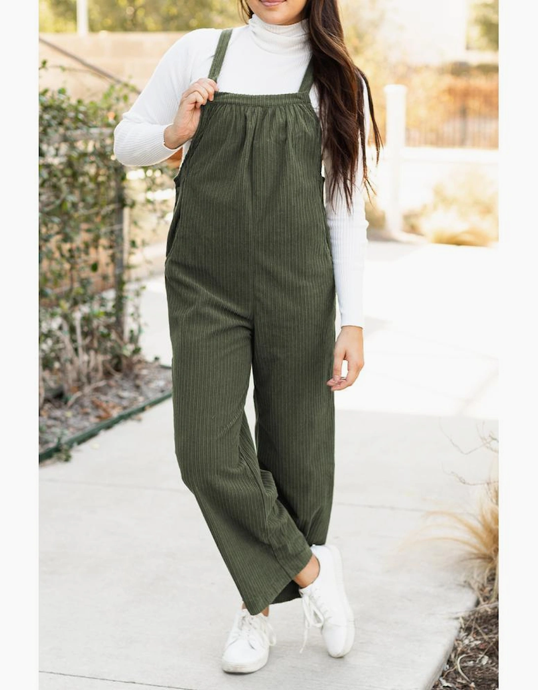 Jungle Green Solid Pocketed Loose Fit Corduroy Overall