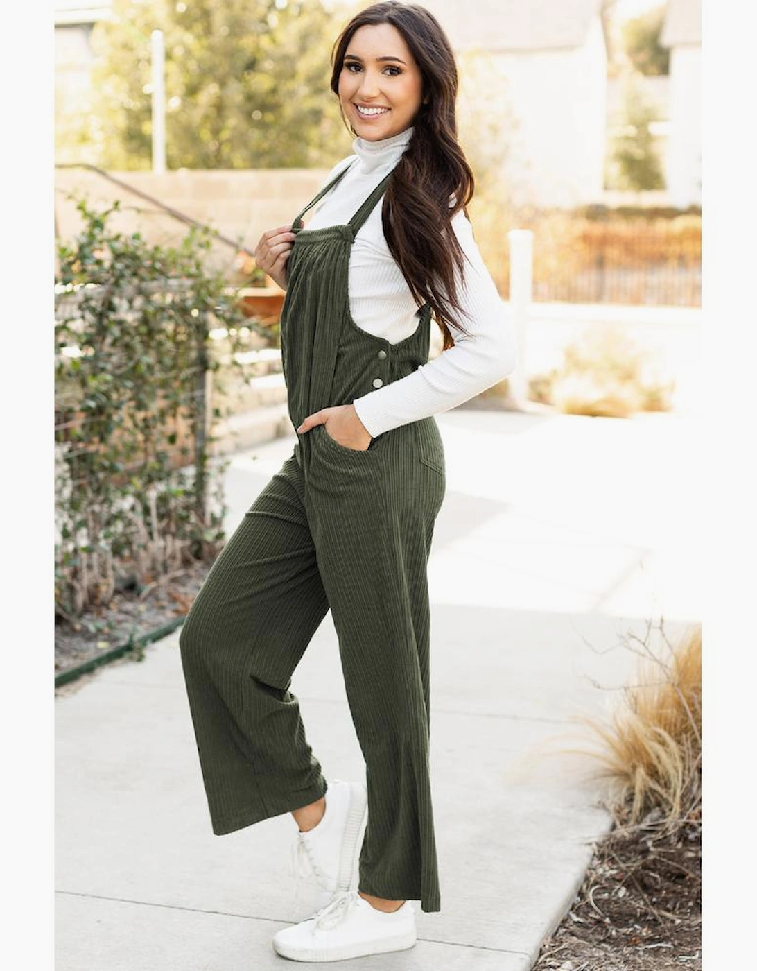 Jungle Green Solid Pocketed Loose Fit Corduroy Overall