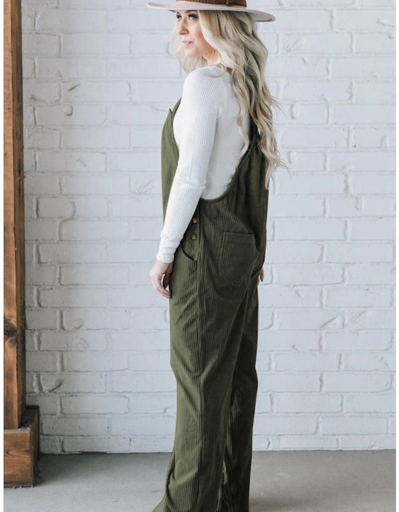 Jungle Green Solid Pocketed Loose Fit Corduroy Overall