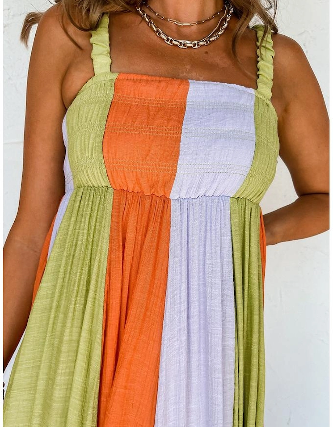 Green Color Block Shirred High Waist Fit and Flare Maxi Dress