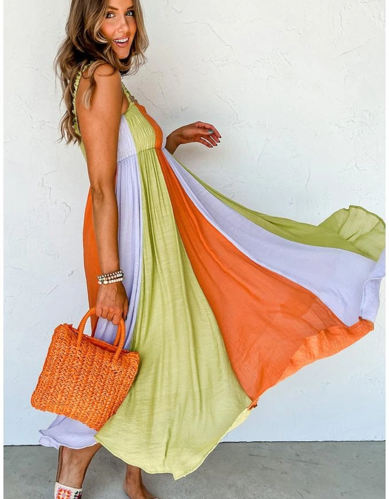 Green Color Block Shirred High Waist Fit and Flare Maxi Dress