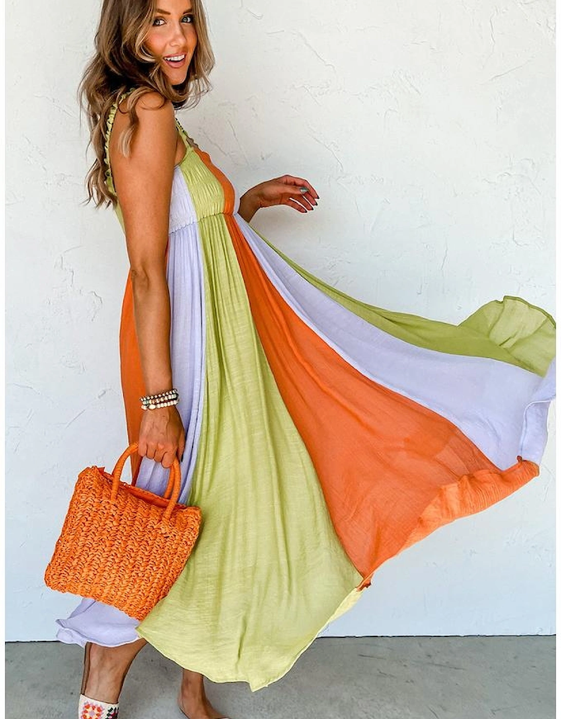 Green Color Block Shirred High Waist Fit and Flare Maxi Dress