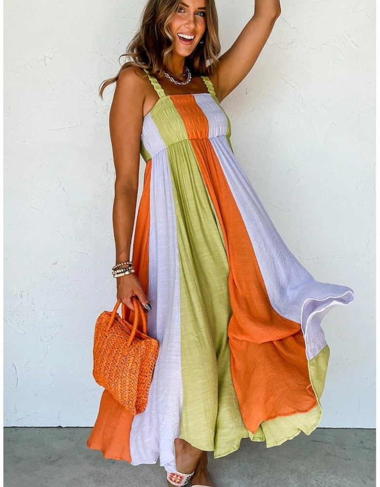 Green Color Block Shirred High Waist Fit and Flare Maxi Dress