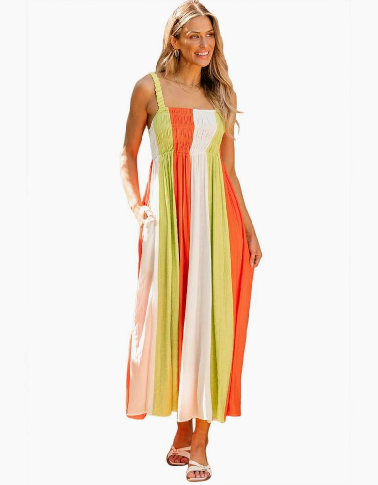 Green Color Block Shirred High Waist Fit and Flare Maxi Dress