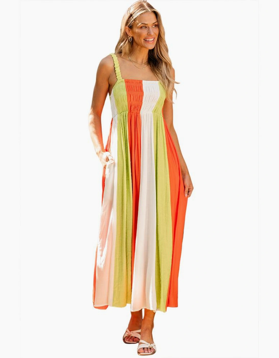 Green Color Block Shirred High Waist Fit and Flare Maxi Dress