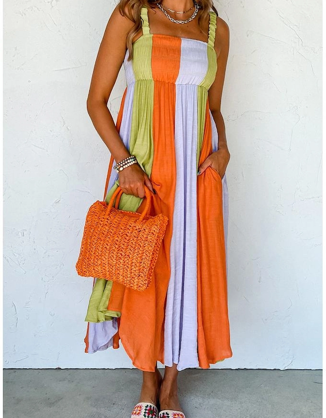 Green Color Block Shirred High Waist Fit and Flare Maxi Dress