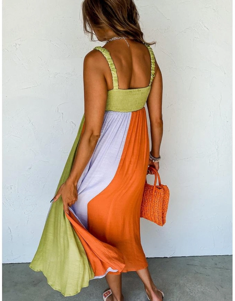 Green Color Block Shirred High Waist Fit and Flare Maxi Dress