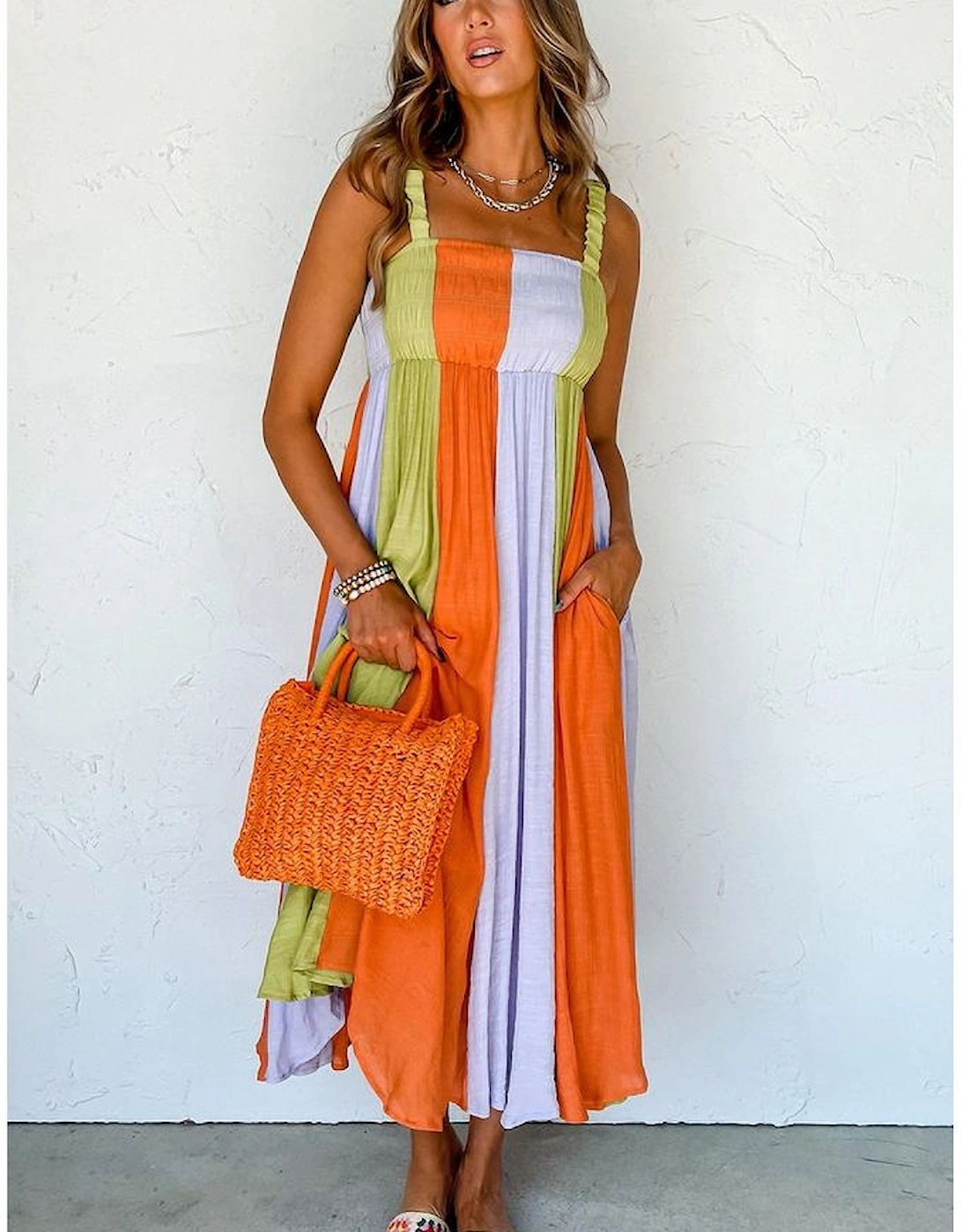 Green Color Block Shirred High Waist Fit and Flare Maxi Dress