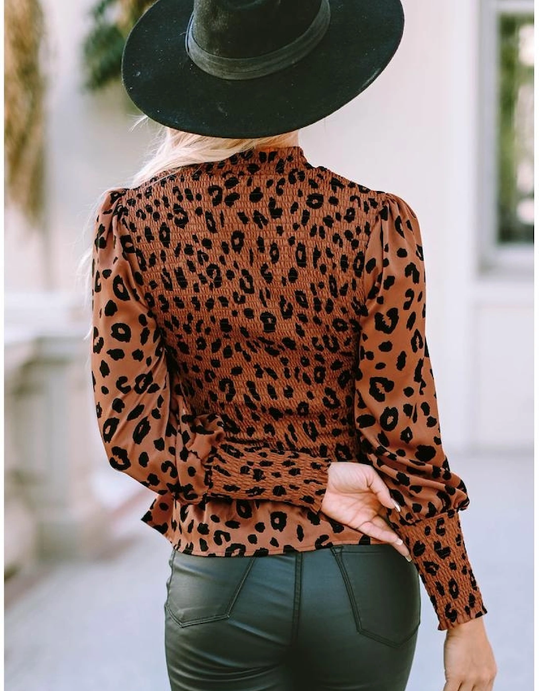 Brown Leopard Smocked Puff Sleeve Peplum Top