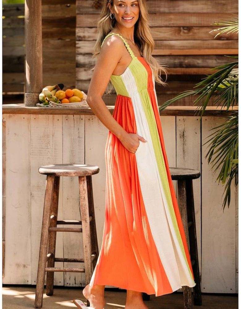Green Color Block Shirred High Waist Fit and Flare Maxi Dress