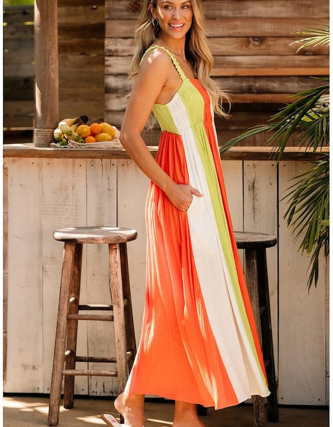 Green Color Block Shirred High Waist Fit and Flare Maxi Dress