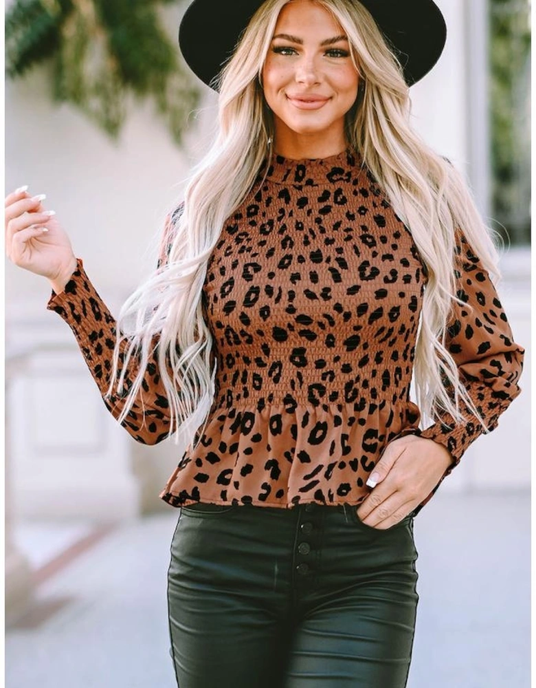 Brown Leopard Smocked Puff Sleeve Peplum Top